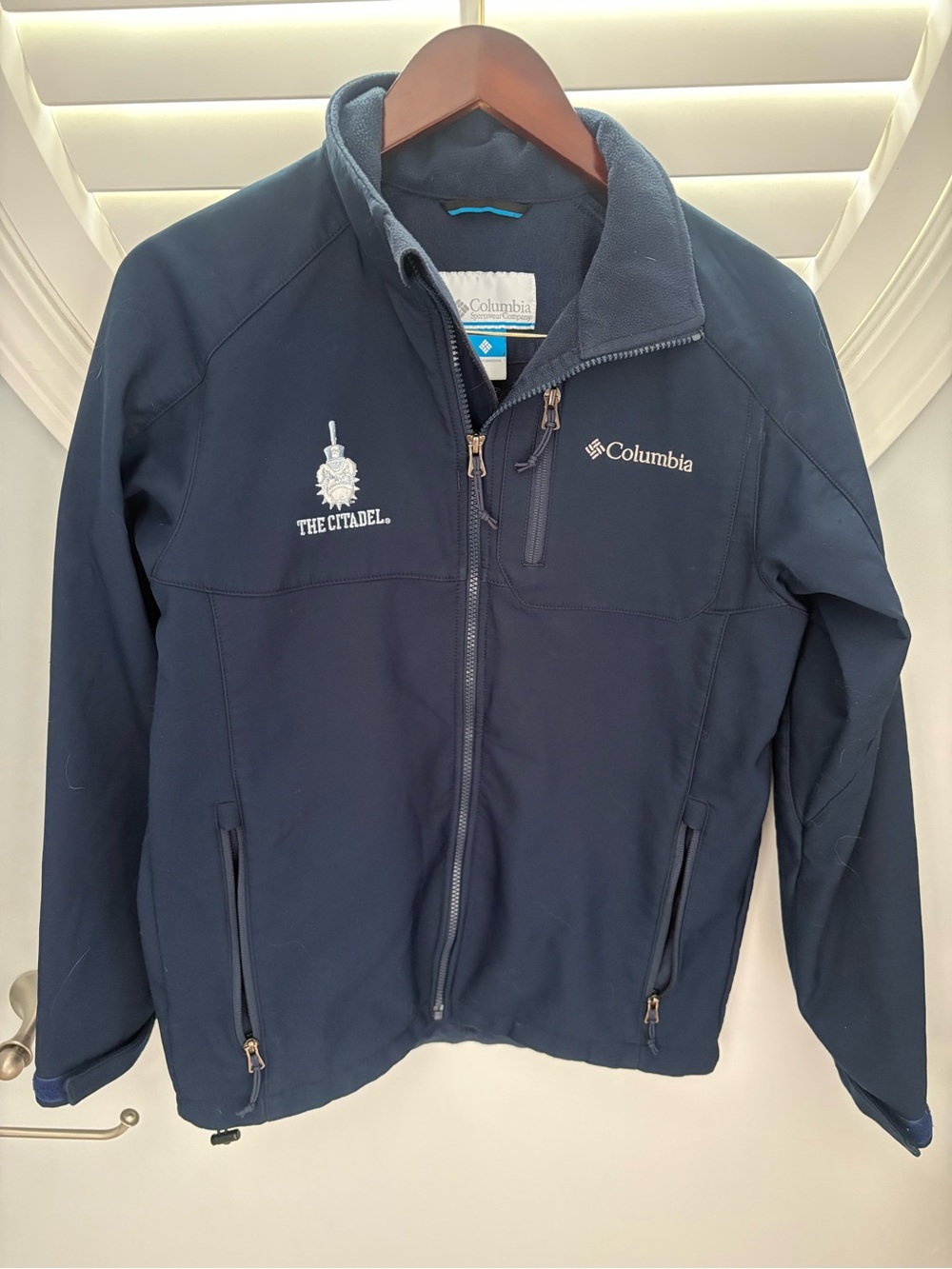 Columbia Ascender softshell jacket in navy blue with The Citadel logo men’s S